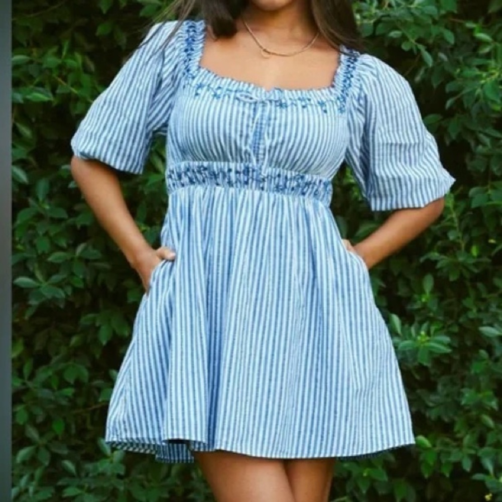 American Eagle Outfitters Dress - Blue & White Striped Square - Neck Mini Dress